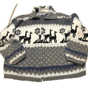 Artisan Ecuador Zip Up Sweater Jacket Mens M/L Knit Gray White Wool Llamas